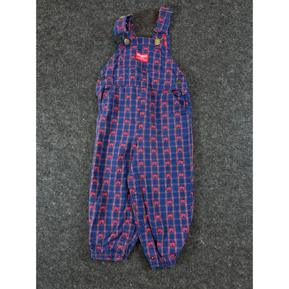 VINTAGE OshKosh Bgosh Overalls Kids 3T Blue Red Plaid Wagon AOP Vestbak USA 90s